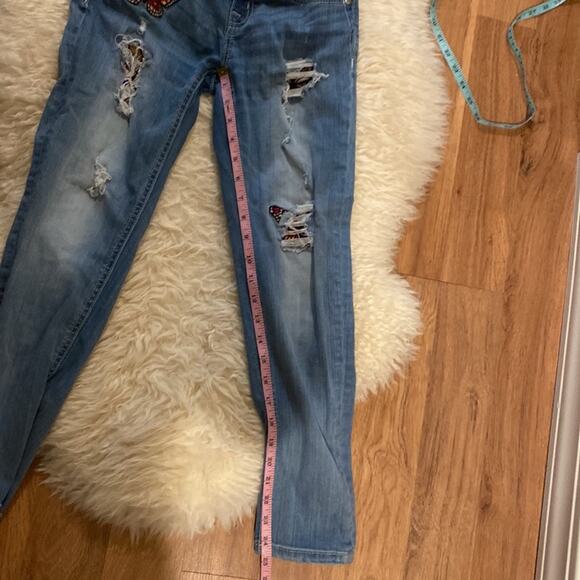 Miss Me Girls Ankle Skinny Denim Blue Jeans Distressed Butterfly Patches Sz 14 - Picture 11 of 13
